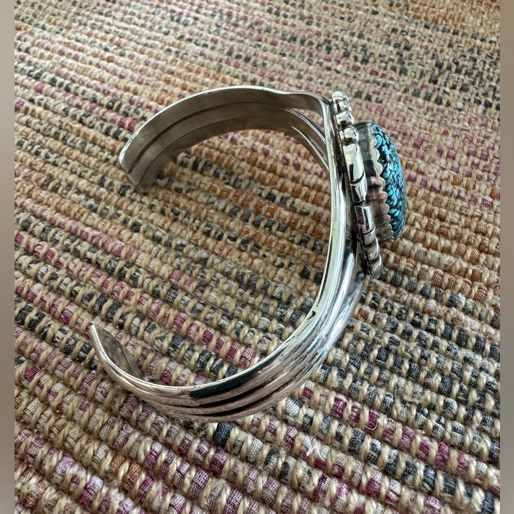 Native American Genuine Turquoise and Sterling Silver Cuff - Picture 5 of 8